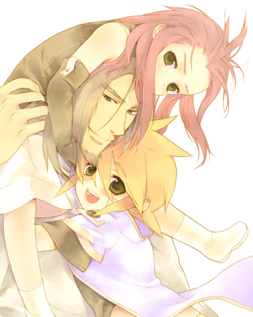 akio (akio 1963), akio (mememe), asch (tales), luke fon fabre, van grants, tales of (series), tales of the abyss, bad id, bad pixiv id, 00s, 3boys, beard, blonde hair, brown hair, carrying, elbow gloves, facial hair, gloves, green eyes, hug, male focus, multiple boys, piggyback, pink hair, red hair, shoulder carry, white background