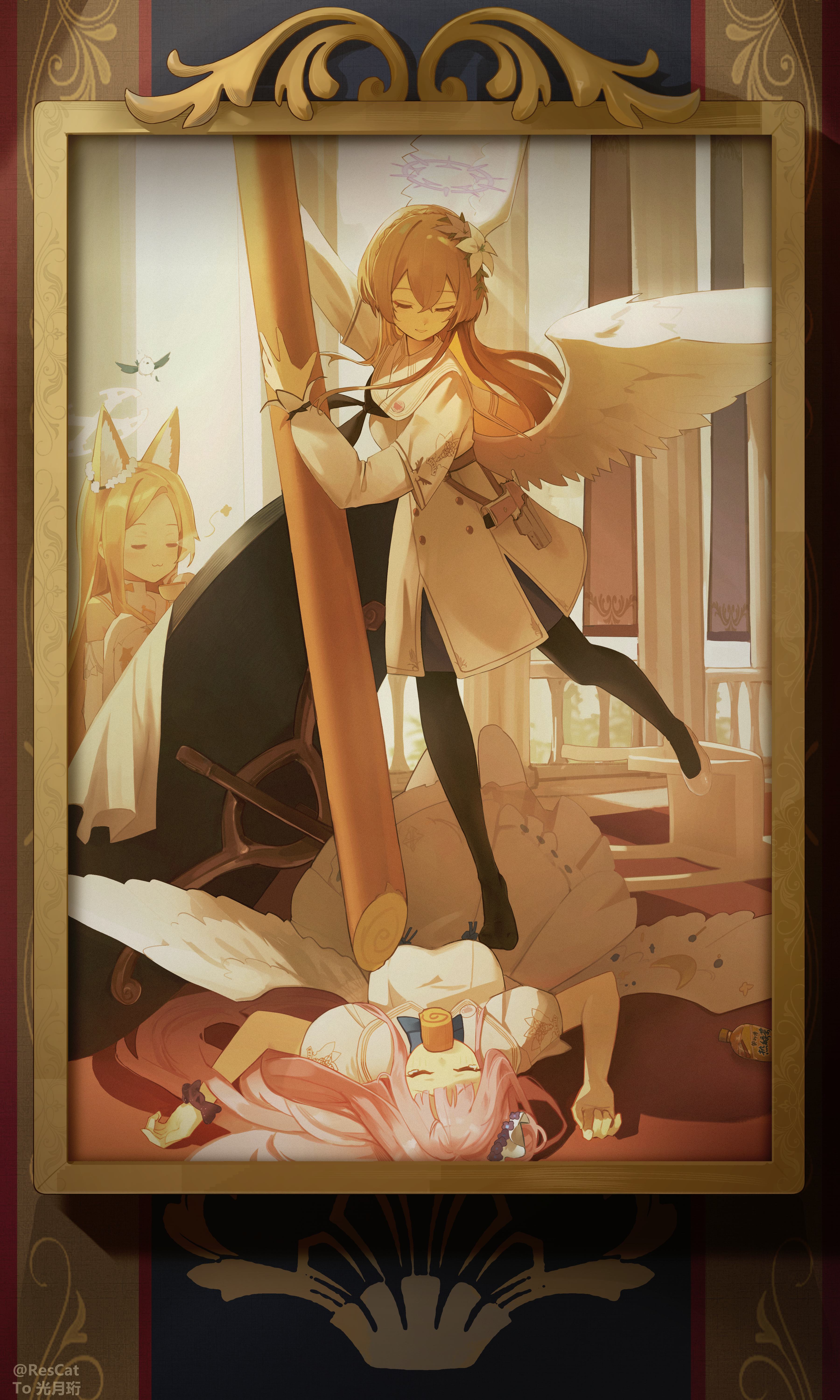 rescat, mika (blue archive), nagisa (blue archive), seia (blue archive), blue archive, absurdres, highres, > <, 3girls, animal ear fluff, animal ears, bird, black pantyhose, blonde hair, blue bow, blush, bow, cake, capelet, closed eyes, closed mouth, crossover, cup, detached sleeves, dress, feathered wings, flower, food, forehead, fox ears, fox girl, hair between eyes, hair bun, hair flower, hair ornament, hair scrunchie, halo, high heels, holding, holding cup, holding food, long hair, lying, multiple girls, on back, one eye closed, painting (object), pantyhose, pink eyes, pink flower, pink hair, purple halo, purple scrunchie, scrunchie, shaded face, shoes, sidelocks, single side bun, standing, standing on one leg, standing on person, swiss roll, teacup, white capelet, white dress, white flower, white pantyhose, white scrunchie, white shoes, white wings, wings, wrist scrunchie, yellow halo