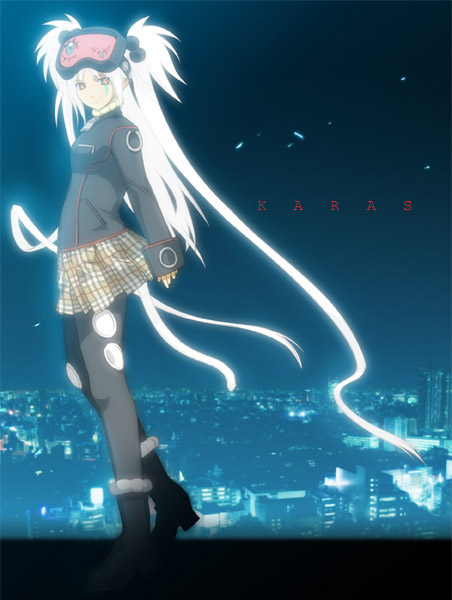 akio (akio 1963), akio (mememe), yurine (karas), karas, bad id, bad pixiv id, 00s, 1girl, boots, cityscape, female focus, glowing, goggles, long hair, pantyhose, plaid clothes, plaid skirt, skirt, solo, tail, twintails, very long hair, yellow eyes