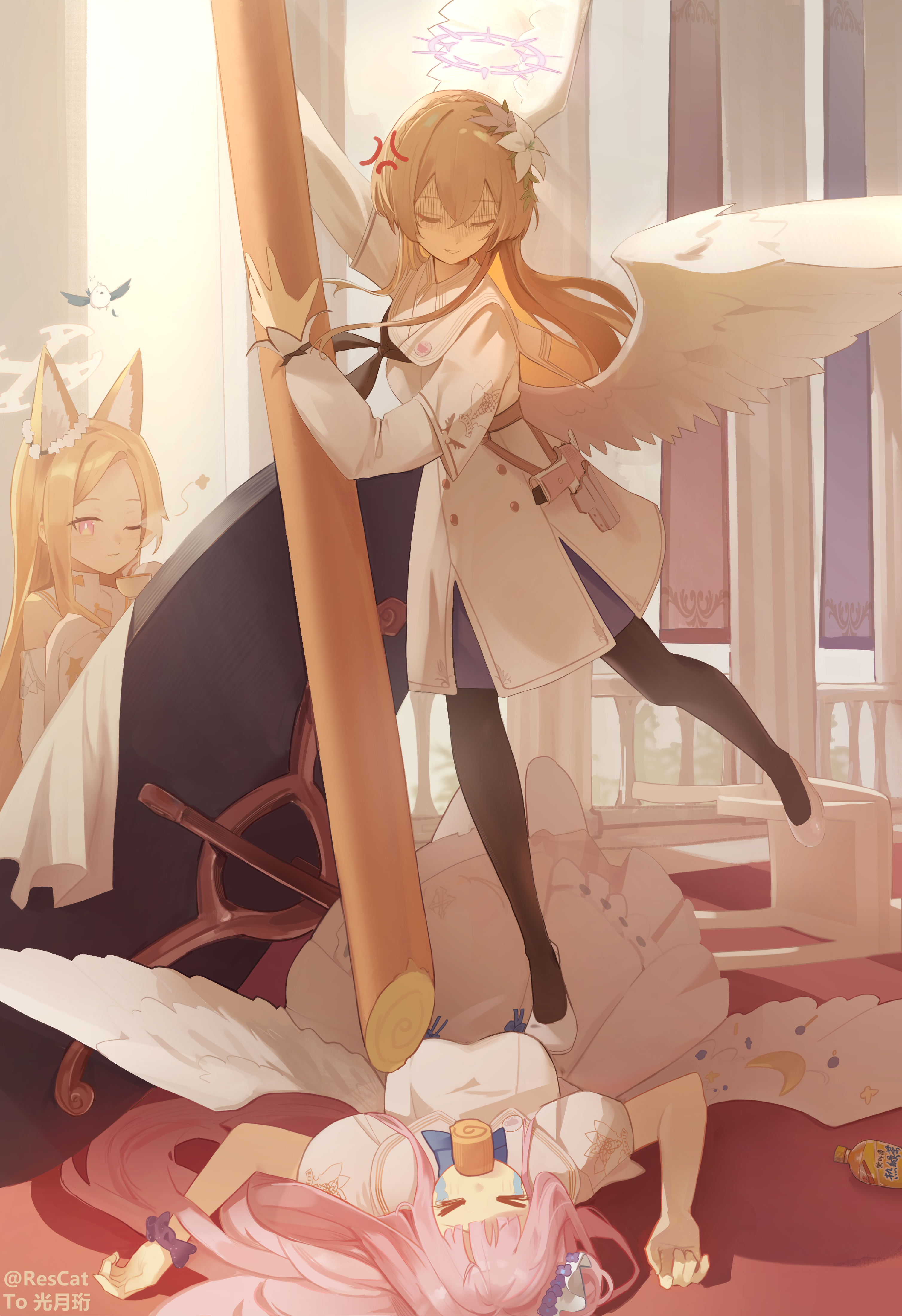 rescat, mika (blue archive), nagisa (blue archive), seia (blue archive), blue archive, absurdres, highres, > <, 3girls, animal ear fluff, animal ears, bird, black pantyhose, blonde hair, blue bow, blush, bow, cake, capelet, closed eyes, closed mouth, crossover, cup, detached sleeves, dress, feathered wings, flower, food, forehead, fox ears, fox girl, hair between eyes, hair bun, hair flower, hair ornament, hair scrunchie, halo, high heels, holding, holding cup, holding food, long hair, lying, multiple girls, on back, one eye closed, pantyhose, pink eyes, pink flower, pink hair, purple halo, purple scrunchie, scrunchie, shaded face, shoes, sidelocks, single side bun, standing, standing on one leg, standing on person, swiss roll, teacup, white capelet, white dress, white flower, white pantyhose, white scrunchie, white shoes, white wings, wings, wrist scrunchie, yellow halo