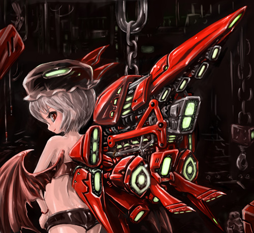 kabutoyama, remilia scarlet, touhou, lowres, 1girl, ass, female focus, hat, mecha, mecha musume, mechanical wings, robot, solo, wings