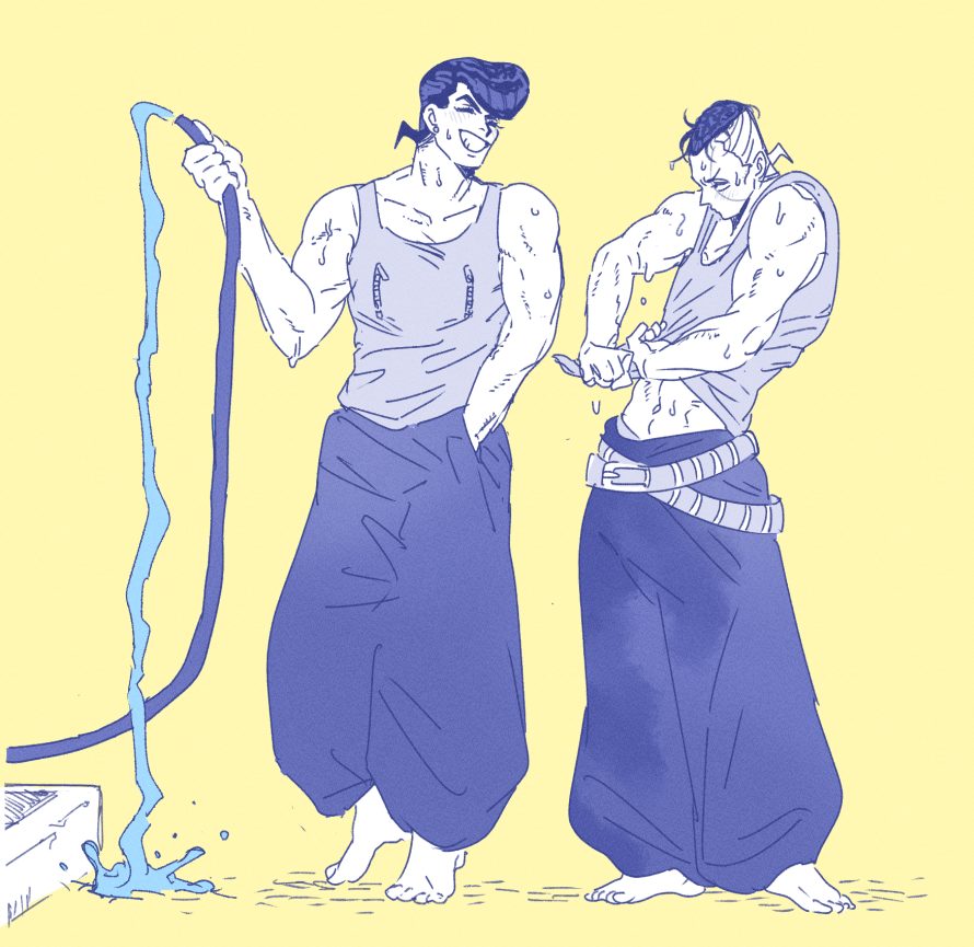 tirauraja, higashikata josuke, nijimura okuyasu, diamond wa kudakenai, jojo no kimyou na bouken, commentary request, 2boys, annoyed, bare shoulders, barefoot, crew neck, full body, greyscale with colored background, grin, hand in pocket, holding, holding hose, hose, linea alba, looking at another, male focus, midriff, multiple boys, navel, pompadour, short hair, simple background, smile, standing, tank top, teeth, water, wet, wet clothes, wringing clothes, yellow background