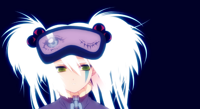 akio (akio 1963), akio (mememe), yurine (karas), karas, bad id, bad pixiv id, 00s, facepaint, goggles, green eyes, long hair, one eye closed, solo, twintails, white hair, wink, zipper
