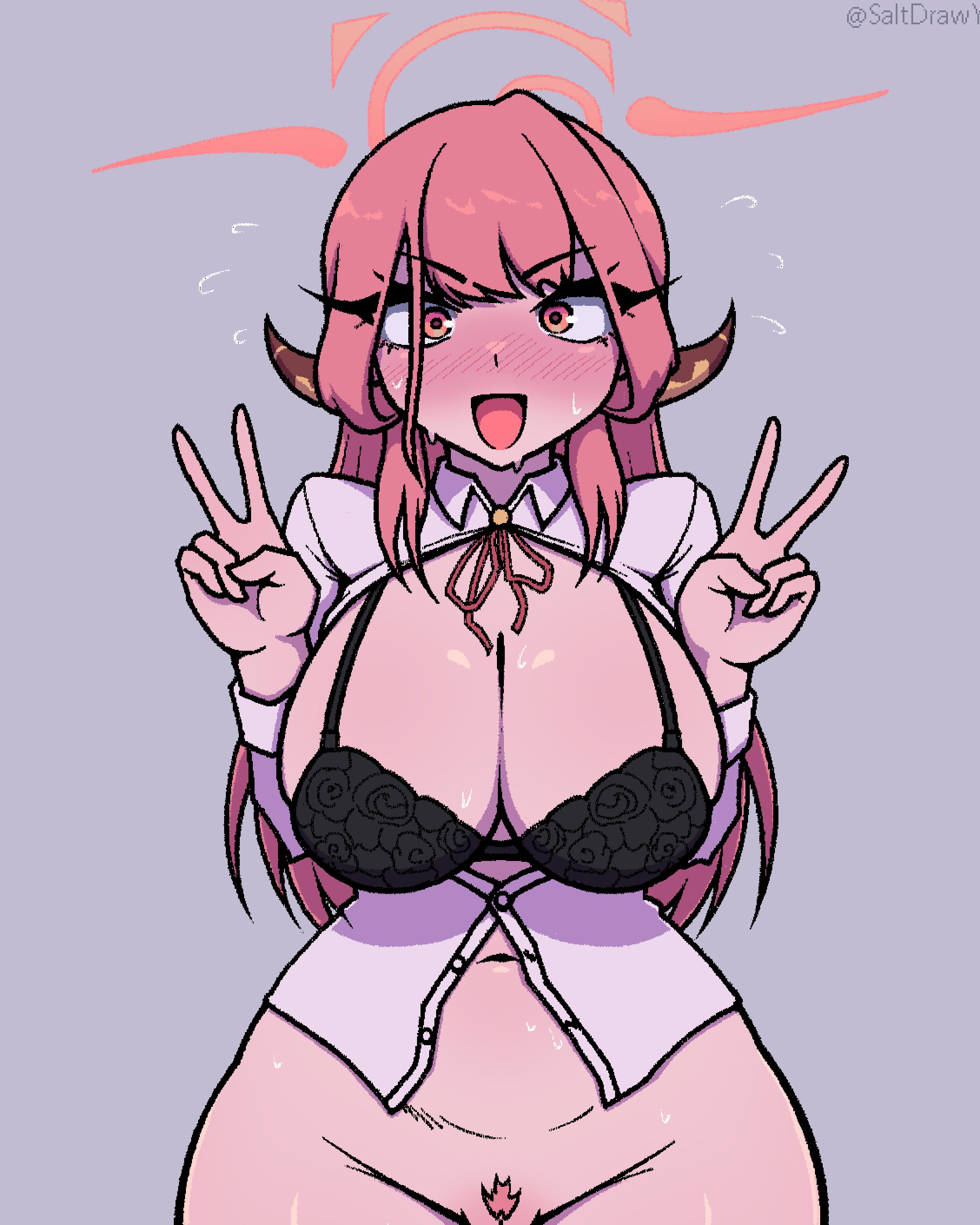 saltdrawyou, aru (blue archive), blue archive, absurdres, commentary, english commentary, highres, paid reward available, 1girl, :d, black bra, blush, bottomless, bra, breasts, breasts out, cleavage, collared shirt, colored pubic hair, cowboy shot, curvy, double v, female pubic hair, flying sweatdrops, grey background, groin, halo, hands up, horns, large breasts, long hair, long sleeves, looking at viewer, low horns, navel, open mouth, orange eyes, orange halo, partially unbuttoned, partially visible vulva, pink hair, pink pubic hair, pubic hair, red ribbon, ribbon, shirt, simple background, smile, solo, sweat, swept bangs, underwear, v, very sweaty, white shirt, wide hips
