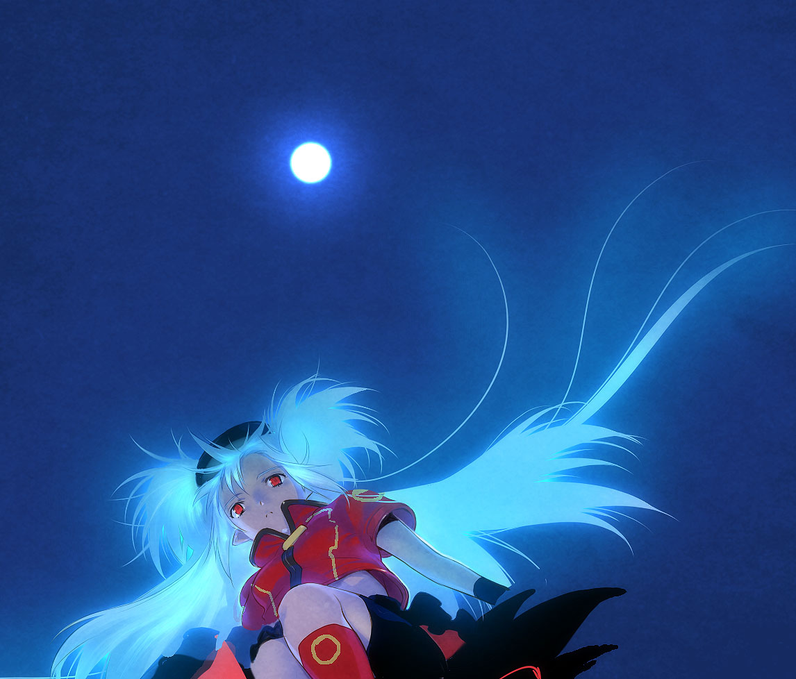 akio (akio 1963), akio (mememe), yurine (karas), karas, bad id, bad pixiv id, 00s, 1girl, female focus, from below, full moon, glowing, glowing hair, long hair, moon, night, red eyes, solo