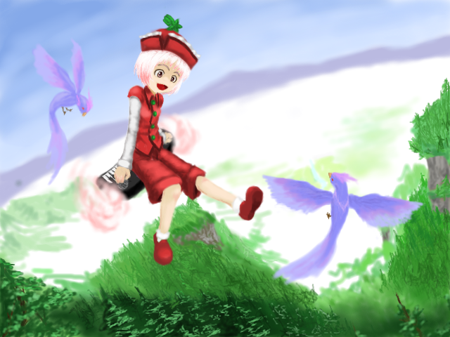 lyrica prismriver, touhou, 1girl, bird, female focus, hat, instrument, keyboard, keyboard (instrument), outdoors, red hat, short hair, sky, solo
