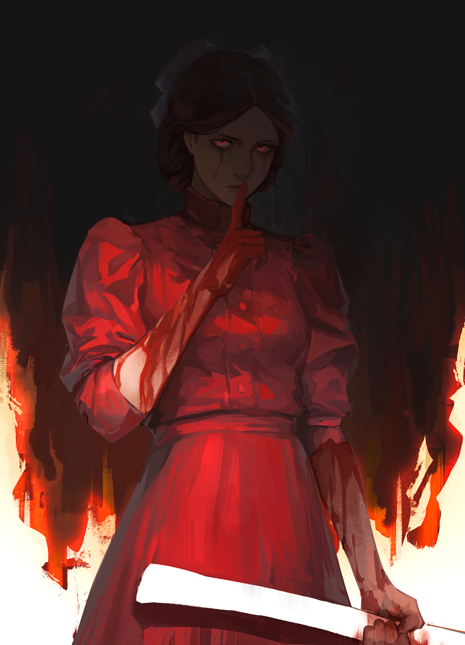 renshena, highres, 1girl, axe, black hair, blood, blood on hands, blue ribbon, dress, hair ribbon, holding, holding axe, looking at viewer, pearl (movie), red dress, ribbon, solo