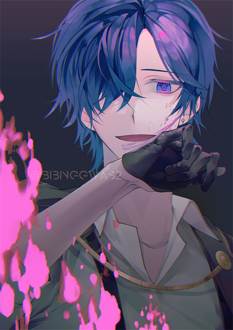 bibinggwas2, kaito (vocaloid), vivid bad squad kaito, project sekai, vocaloid, 1boy, black background, black gloves, blood, blue eyes, blue hair, collared shirt, earrings, gloves, hair over one eye, half gloves, jacket, jewelry, looking at viewer, male focus, open clothes, open jacket, open mouth, pink blood, shirt, short hair, single earring, smile, solo, twitter username, upper body, white shirt, wiping blood