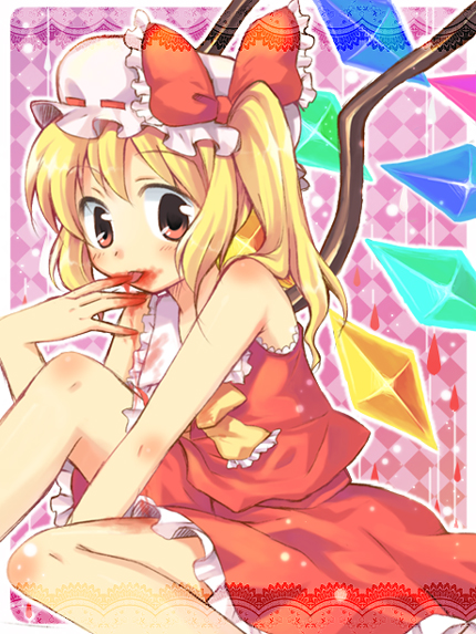 kuguri oimo, flandre scarlet, touhou, 1girl, bare legs, blonde hair, blood, blush, crystal, demon wings, female focus, hat, looking at viewer, mob cap, side ponytail, sitting, solo, tareme, white hat, wings