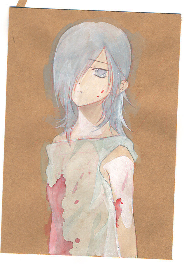 akio (akio 1963), akio (mememe), allelujah haptism, gundam, gundam 00, bad id, bad pixiv id, painting (medium), photo (medium), traditional media, watercolor (medium), 00s, blood, hospital gown, male focus