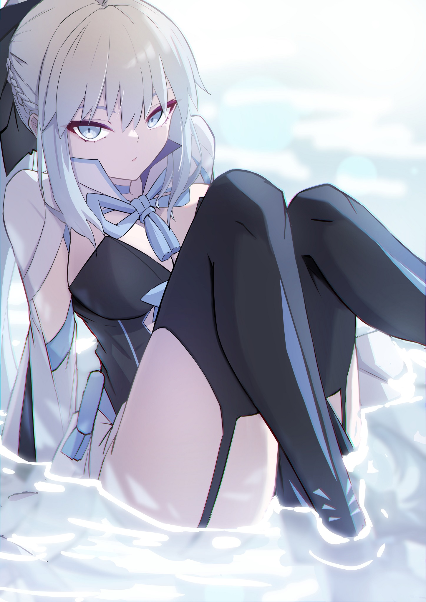 hamao 1, morgan le fay (fate), fate/grand order, fate (series), commentary request, highres, 1girl, black dress, black ribbon, black thighhighs, blue eyes, breasts, cleavage, closed mouth, dress, expressionless, grey hair, hair ribbon, large breasts, long hair, looking at viewer, partially submerged, ponytail, ribbon, sitting, solo, thighhighs, two-tone dress, water, white dress