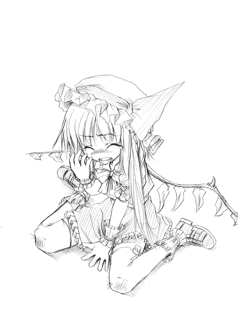 aozora market, flandre scarlet, touhou, 1girl, female focus, frilled socks, frills, full body, greyscale, hat, mob cap, monochrome, sketch, socks, solo, white background