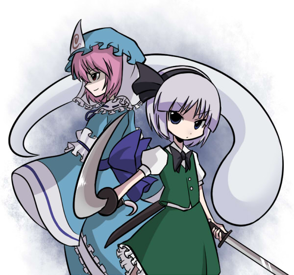 haro (artist), konpaku youmu, konpaku youmu (ghost), saigyouji yuyuko, touhou, silver hair, 2girls, blue eyes, dual wielding, female focus, foreshortening, hairband, hat, holding, japanese clothes, katana, kimono, long sleeves, multiple girls, pink hair, red eyes, serious, sleeves past wrists, sword, weapon, wide sleeves