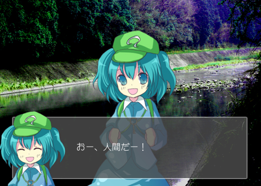 harano, kawashiro nitori, touhou, translated, 1girl, :d, ^ ^, aqua eyes, aqua hair, closed eyes, fake screenshot, female focus, hat, open mouth, photo background, river, short hair, smile, solo, twintails, two side up