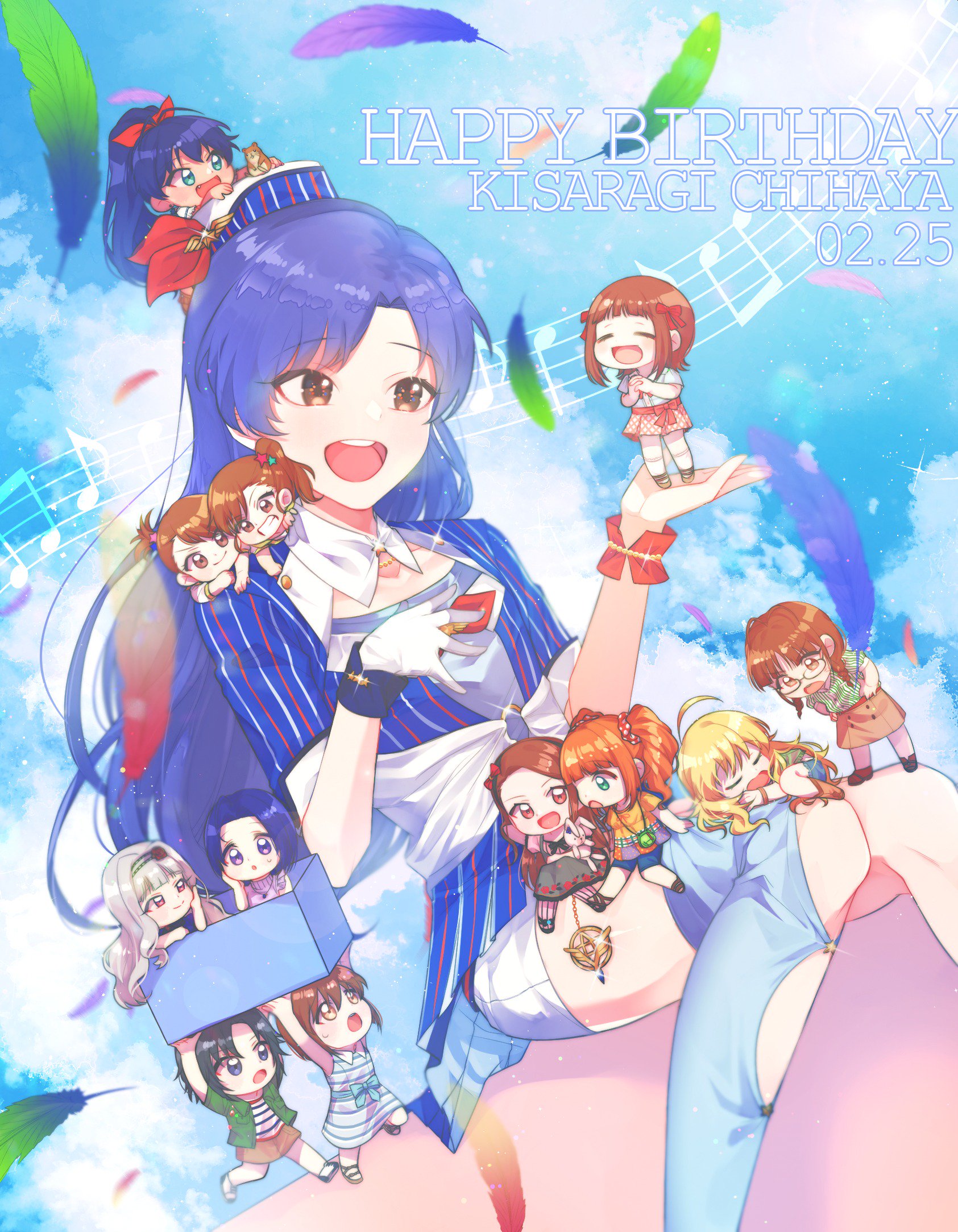 lunim (roo 0 0), akizuki ritsuko, amami haruka, futami ami, futami mami, ganaha hibiki, hagiwara yukiho, hamuzou, hoshii miki, kikuchi makoto, kisaragi chihaya, minase iori, miura azusa, shijou takane, takatsuki yayoi, idolmaster, idolmaster (classic), idolmaster million live!, idolmaster million live! theater days, highres, 6+girls, birthday, blue hair, blue sky, brown eyes, character name, chibi, falling feathers, feathers, glint, happy birthday, hat, long hair, multiple girls, open mouth, outdoors, pinstripe pattern, sitting, sky, smile, teeth, upper teeth only