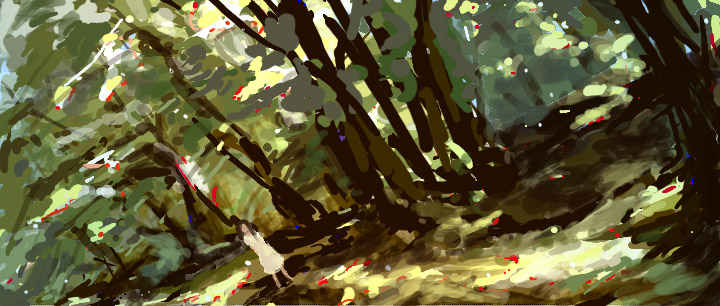 toe, toe (gardengirls), bad id, bad pixiv id, copyright request, panorama, 1girl, dress, forest, landscape, nature, scenery, tree