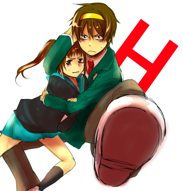 hashimochi, kyonko, suzumiya haruhi, suzumiya haruhiko, suzumiya haruhi no yuuutsu, 00s, 1boy, 1girl, black socks, blazer, brown eyes, brown hair, cardigan, evil smile, foreshortening, frown, genderswap, genderswap (ftm), genderswap (mtf), jacket, kneehighs, long sleeves, looking at viewer, pants, ponytail, school uniform, serafuku, shaded face, simple background, smile, socks, wavy mouth, white background