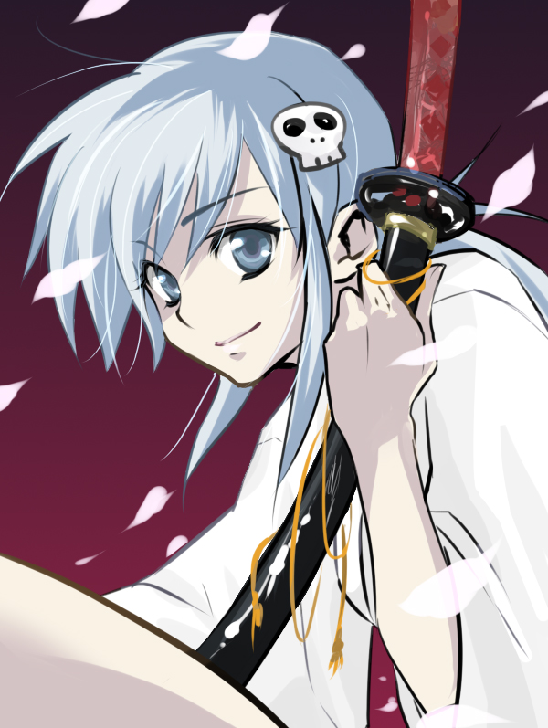 sacchin (yama), bishamon (darkstalkers), capcom, darkstalkers, bad id, bad pixiv id, gender request, 1girl, blue eyes, blue hair, cherry blossoms, female focus, genderswap, japanese clothes, katana, matching hair/eyes, midnight bliss, petals, solo, sword, weapon