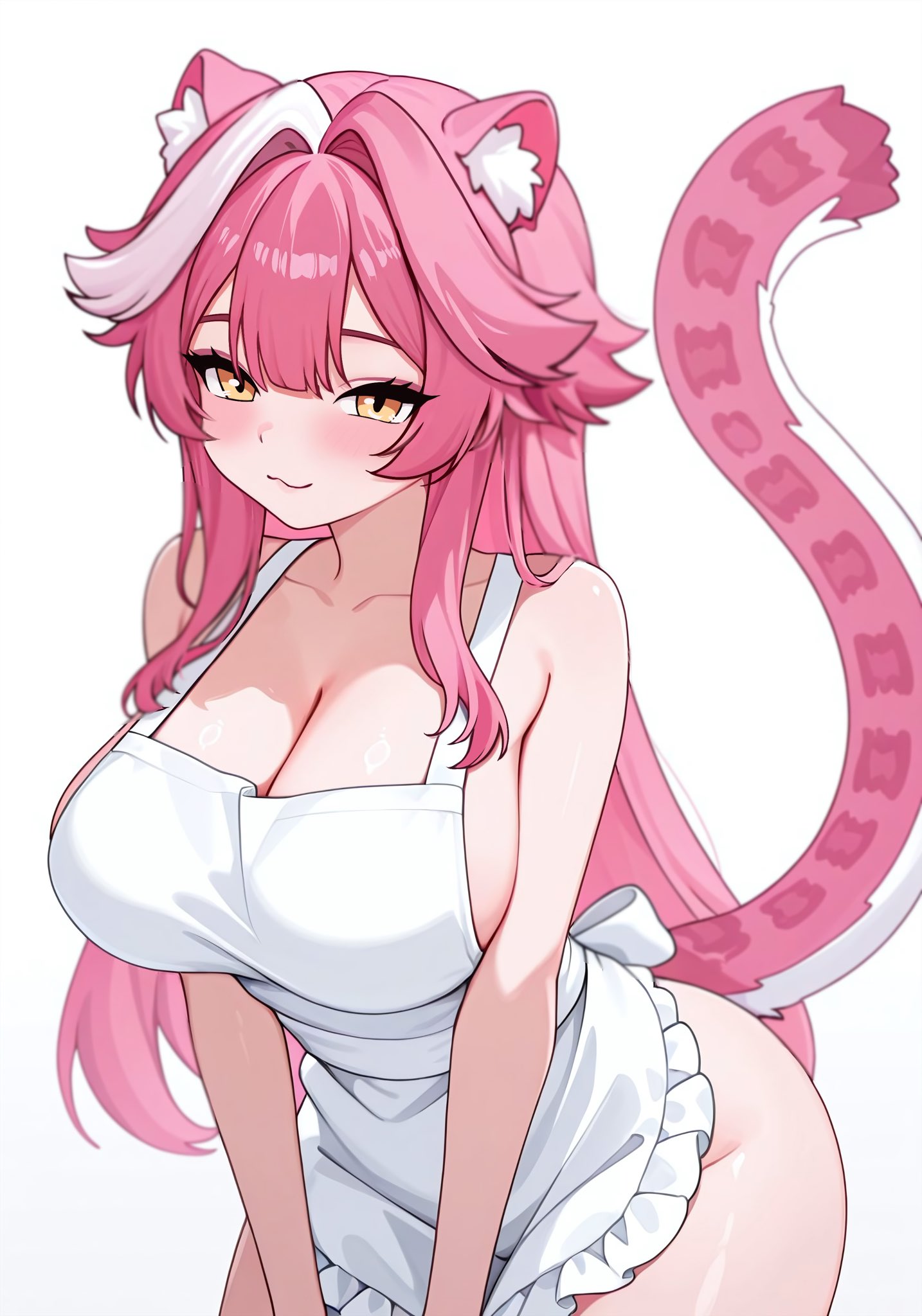 meichan, raora panthera, hololive, hololive english, highres, 1girl, :3, animal ear fluff, animal ears, apron, blush, breasts, cat ears, cat girl, cat tail, cleavage, collarbone, hair intakes, large breasts, long hair, naked apron, pink hair, simple background, solo, tail, very long hair, virtual youtuber, white background, yellow eyes