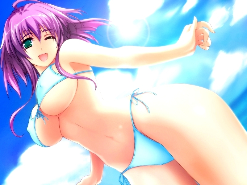 kuroda akimi, kotosuki madoka, tsuma shibori, tsumamigui (series), 00s, 1girl, bikini, breasts, covered erect nipples, day, female focus, green eyes, large breasts, navel, one eye closed, open mouth, purple hair, short hair, side-tie bikini bottom, solo, swimsuit, underboob, white bikini, wink