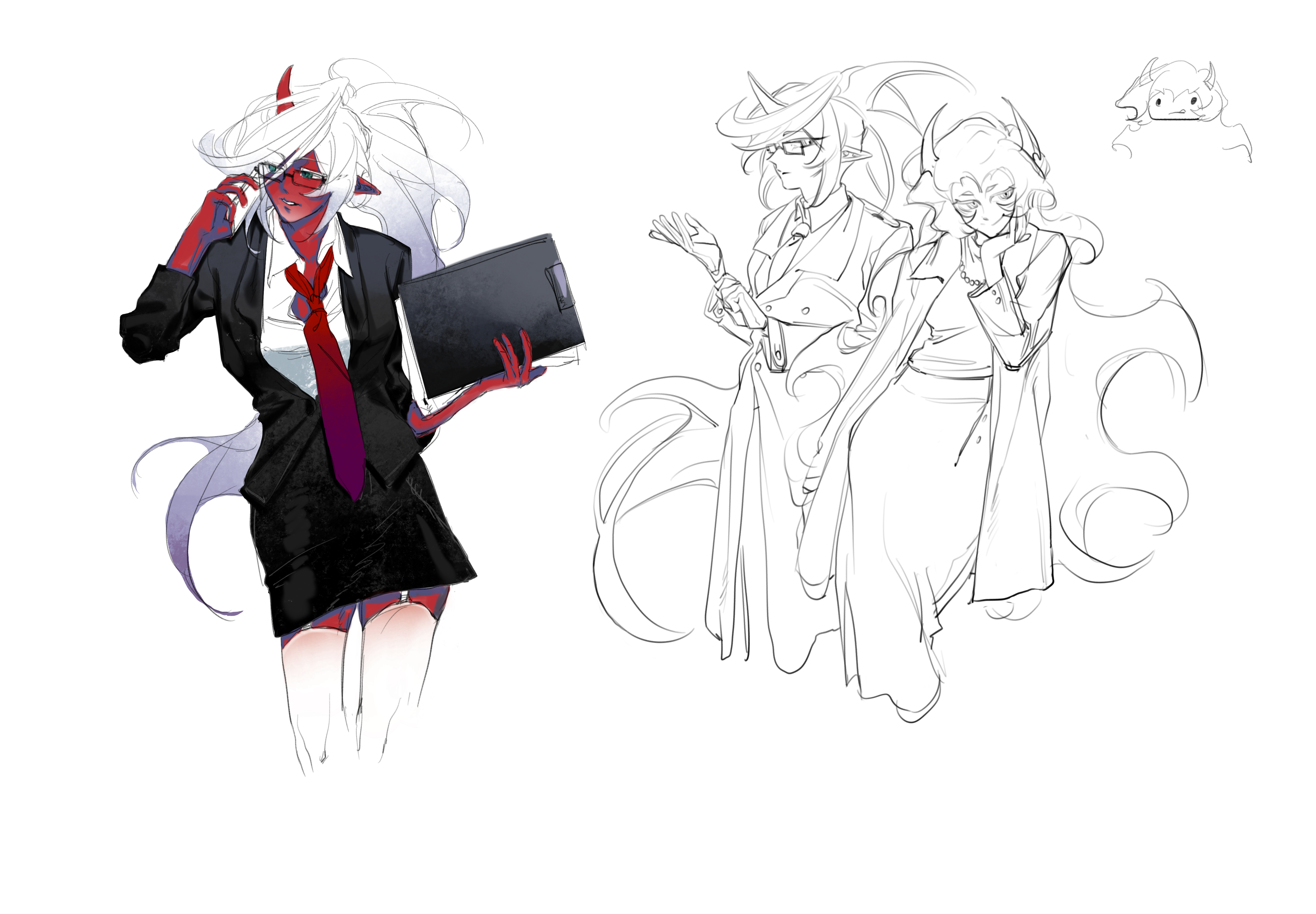 kneesocks (psg), scanty (psg), panty & stocking with garterbelt, absurdres, highres, 2girls, demon girl, demon horns, green eyes, horns, long hair, looking at viewer, multiple girls, single horn, spot color, very long hair, xinjinjumin5687581