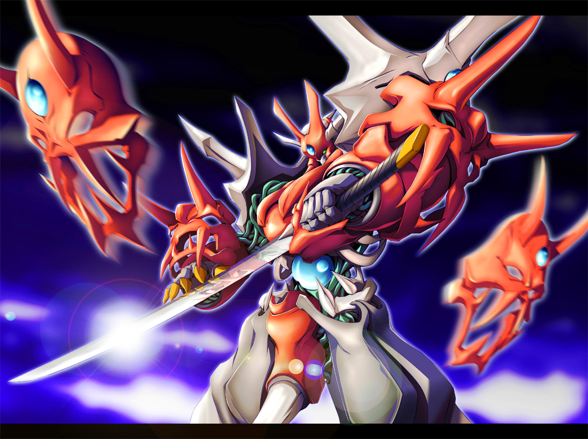 zb (dawn-blue), persoenlichkeit, banpresto, super robot wars, super robot wars original generation, glint, horns, mecha, no humans, robot, skull, solo, spikes, sword, weapon