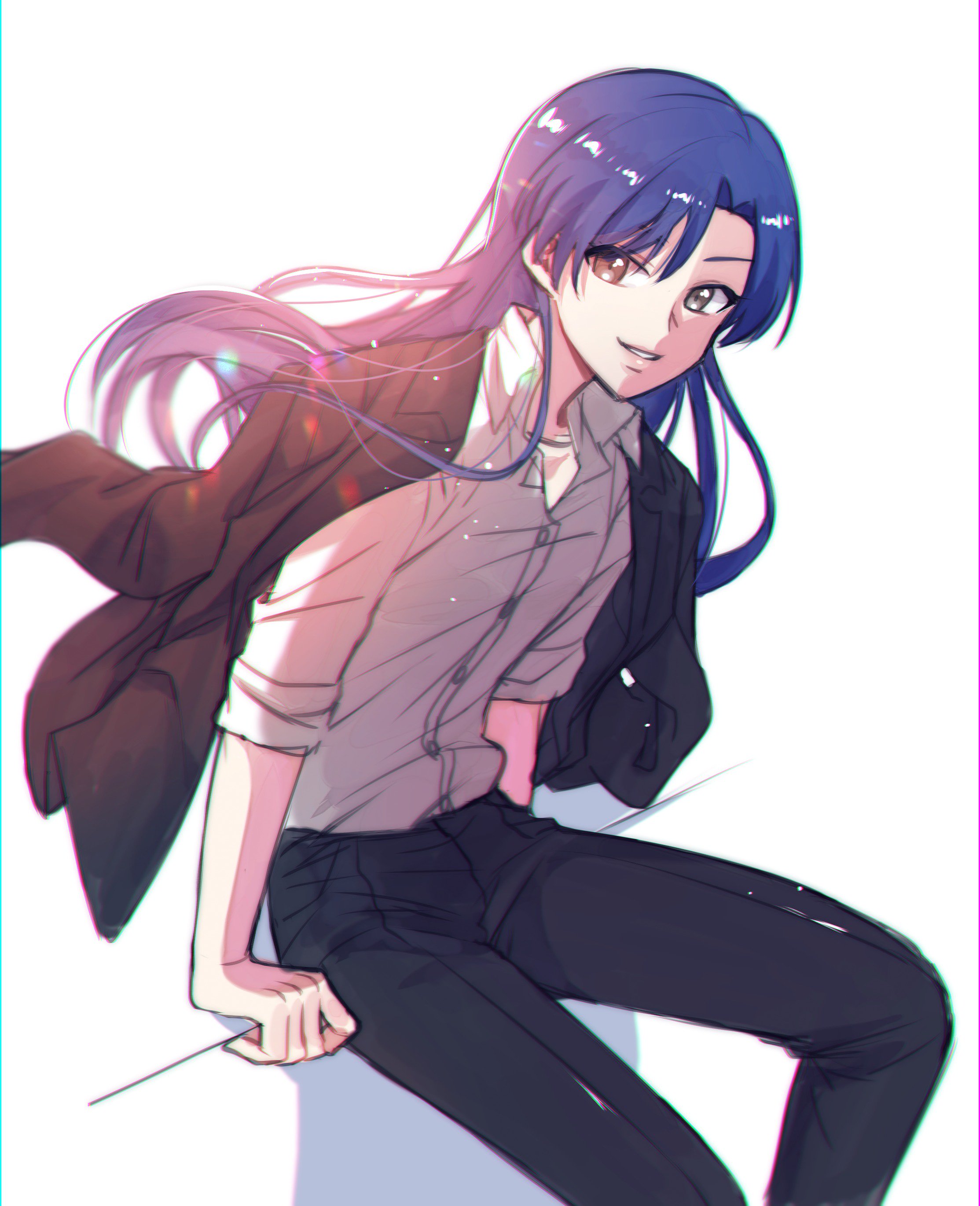 lunim (roo 0 0), kisaragi chihaya, idolmaster, idolmaster (classic), absurdres, highres, 1girl, black jacket, black pants, blue hair, brown eyes, collared shirt, floating hair, jacket, jacket on shoulders, long hair, looking to the side, pants, parted lips, shirt, simple background, sitting, solo, white background, white shirt