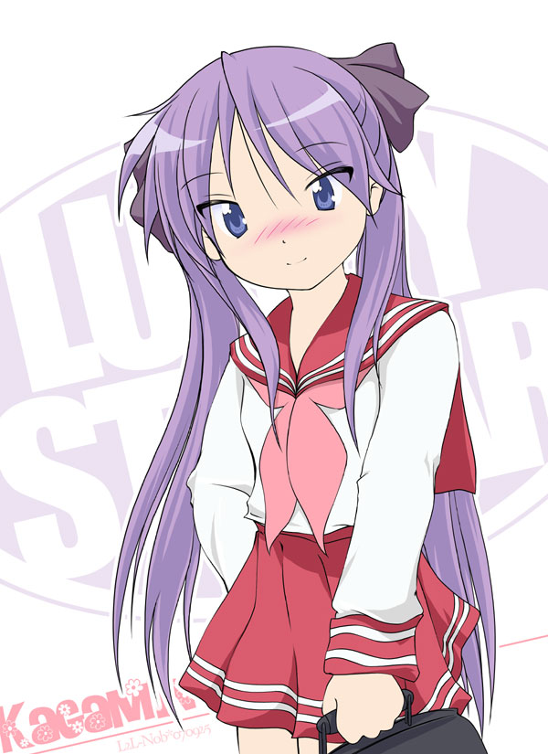 nobuyuki, hiiragi kagami, lucky star, 00s, 1girl, arm behind back, bag, black ribbon, blue eyes, blush, closed mouth, copyright name, cowboy shot, female focus, hair ribbon, holding, holding bag, long hair, long sleeves, looking at viewer, neckerchief, nose blush, parted bangs, pink hair, pink neckerchief, pleated skirt, red skirt, ribbon, school uniform, serafuku, skirt, smile, solo, standing, twintails, very long hair