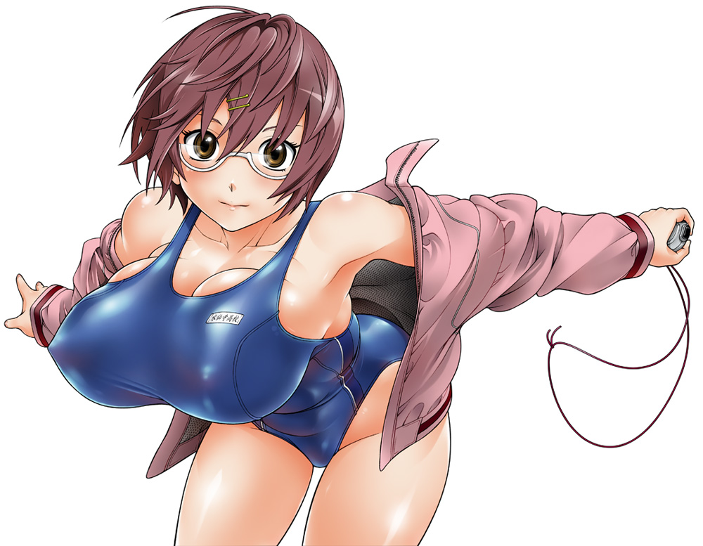 fukudahda, watase meguru, hatsukoi limited, 1girl, blue one-piece swimsuit, breasts, brown eyes, covered erect nipples, cowboy shot, female focus, glasses, hair between eyes, hair ornament, hairclip, huge breasts, off shoulder, one-piece swimsuit, short hair, simple background, solo, swimsuit, white background