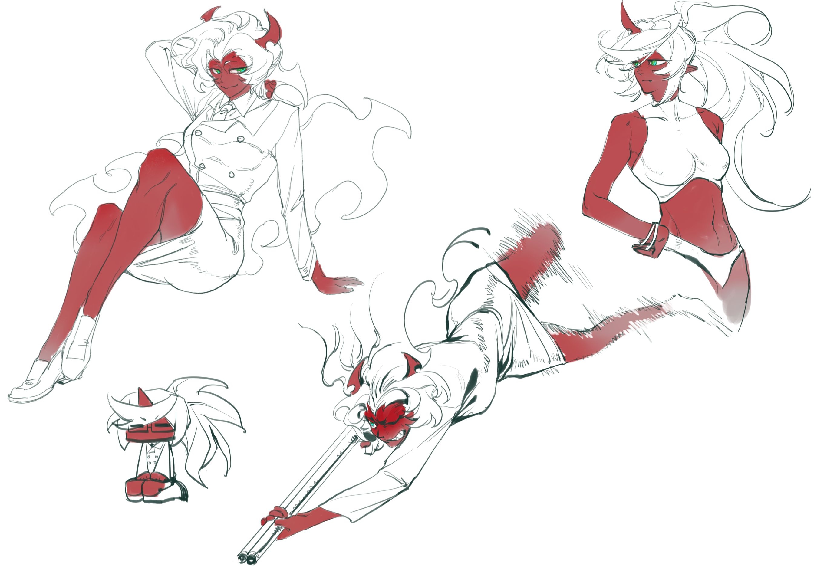 kneesocks (psg), scanty (psg), panty & stocking with garterbelt, highres, 2girls, demon girl, demon horns, green eyes, horns, long hair, looking at viewer, multiple girls, single horn, spot color, swimsuit, very long hair, xinjinjumin5687581