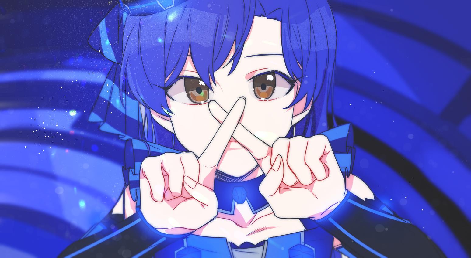 lunim (roo 0 0), kisaragi chihaya, idolmaster, idolmaster (classic), 1girl, blue hair, blue theme, brown eyes, closed mouth, expressionless, hands up, looking at viewer, portrait, solo, x fingers