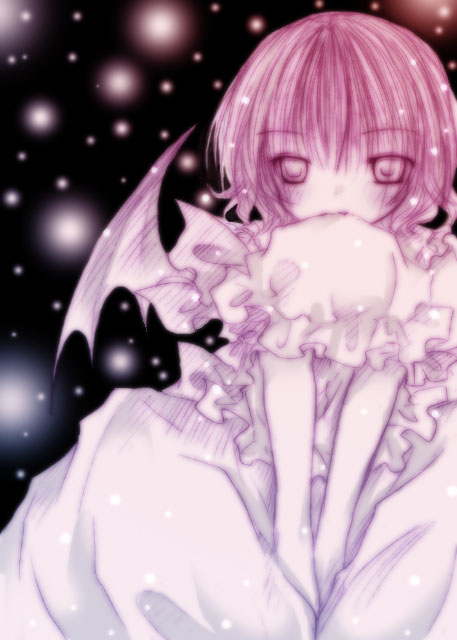 kasuga sunao, remilia scarlet, touhou, 1girl, bat wings, female focus, hat, monochrome, mouth hold, pink theme, solo, unworn hat, unworn headwear, v arms, wings