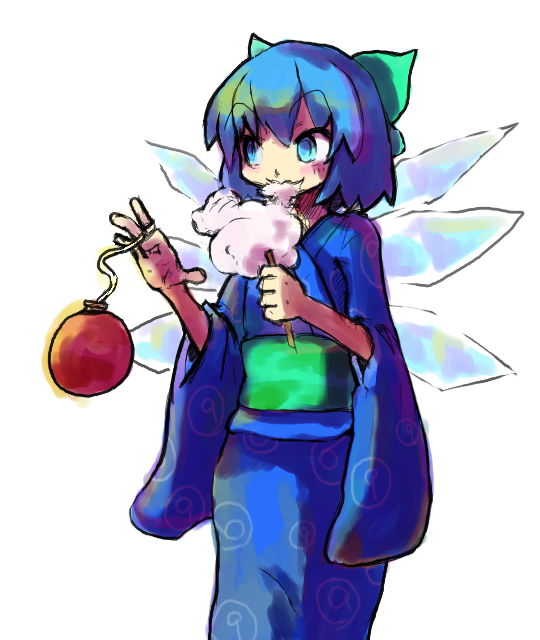 luft (luft dokka), cirno, touhou, 1girl, circled 9, cotton candy, female focus, food, holding, holding cotton candy, holding food, japanese clothes, simple background, solo, white background