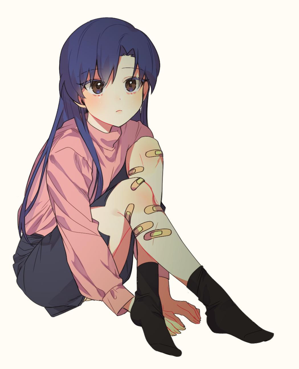lunim (roo 0 0), kisaragi chihaya, idolmaster, idolmaster (classic), highres, 1girl, bandaid, bandaid on knee, bandaid on leg, black socks, blue hair, brown eyes, closed mouth, full body, long hair, long sleeves, no shoes, pink shirt, shirt, simple background, sitting, socks, solo, white background