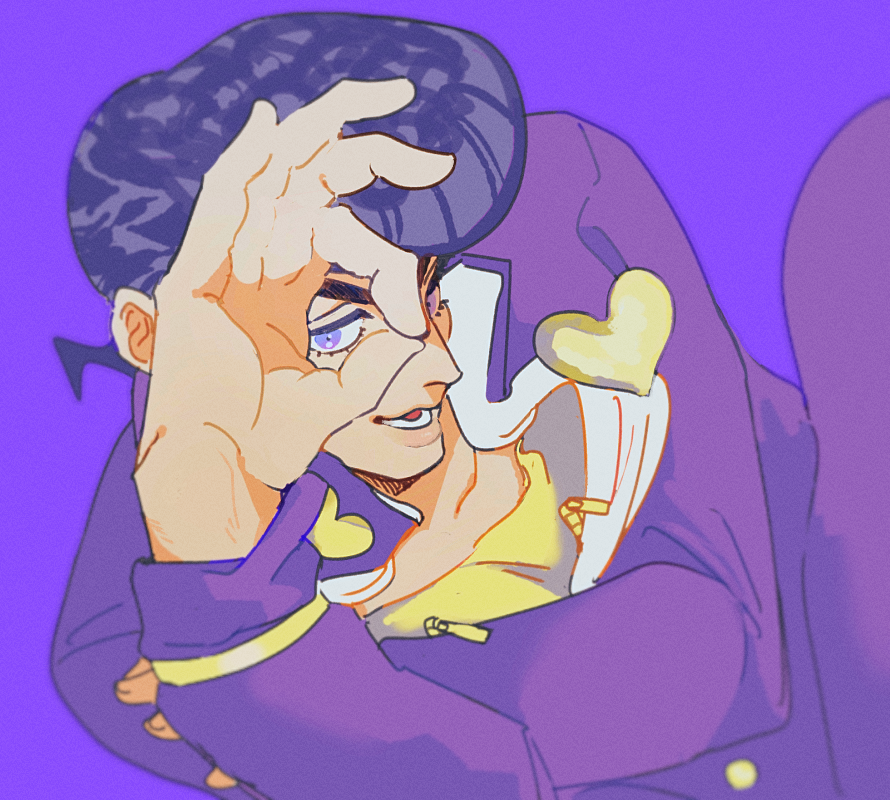 tirauraja, higashikata josuke, diamond wa kudakenai, jojo no kimyou na bouken, commentary, 1boy, arm up, black hair, blue eyes, dutch angle, gakuran, heart, jacket, long sleeves, lower eyelashes only, lower teeth only, male focus, ok sign, ok sign over eye, open mouth, pants, pompadour, purple background, purple jacket, purple pants, school uniform, shirt, simple background, solo, teeth, yellow shirt, zipper pull tab
