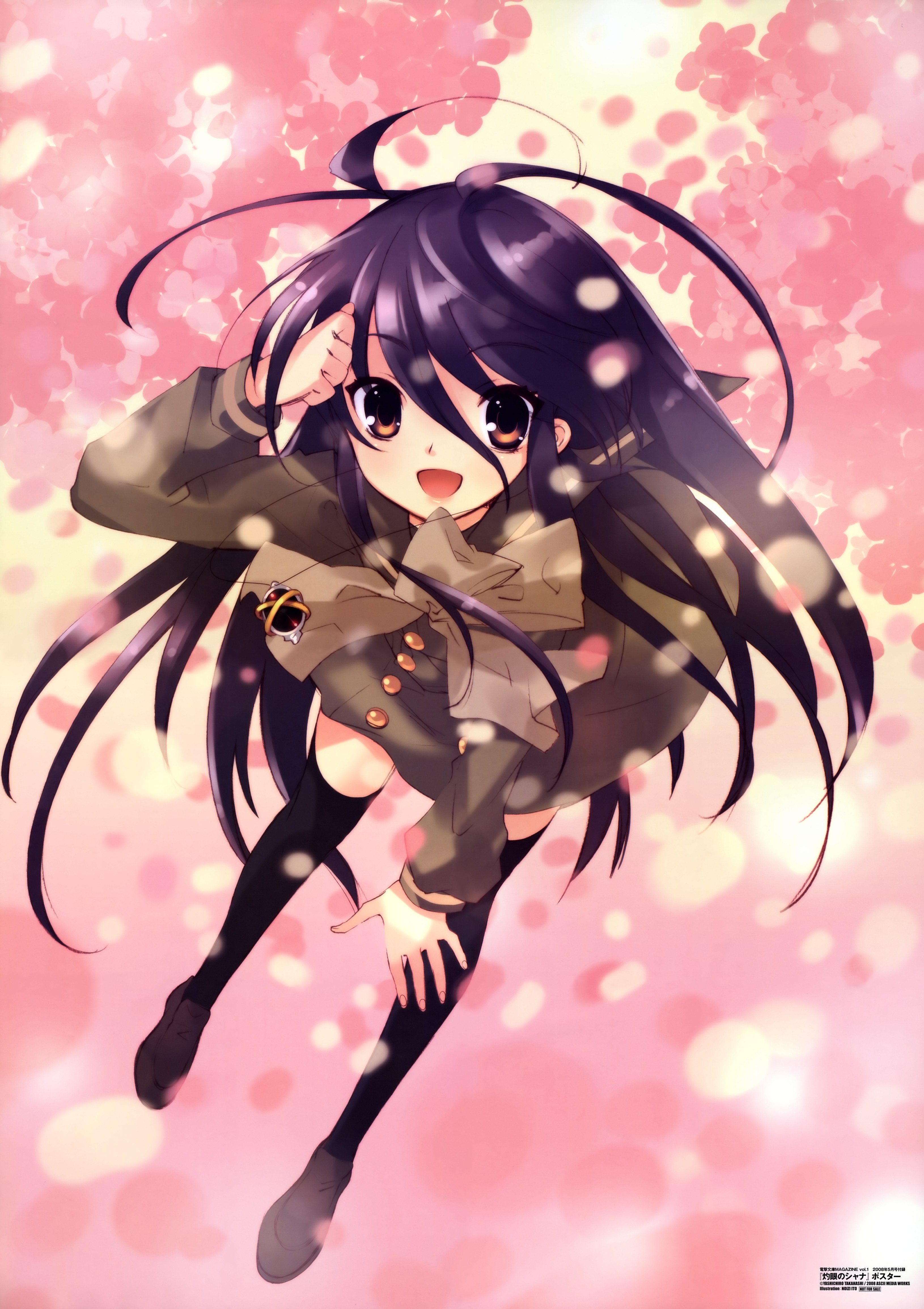 ito noizi, alastor (shakugan no shana), shana, shakugan no shana, absurdres, highres, official art, scan, 00s, 1girl, black thighhighs, female focus, jewelry, pendant, petals, pink background, pink theme, school uniform, serafuku, solo, thighhighs