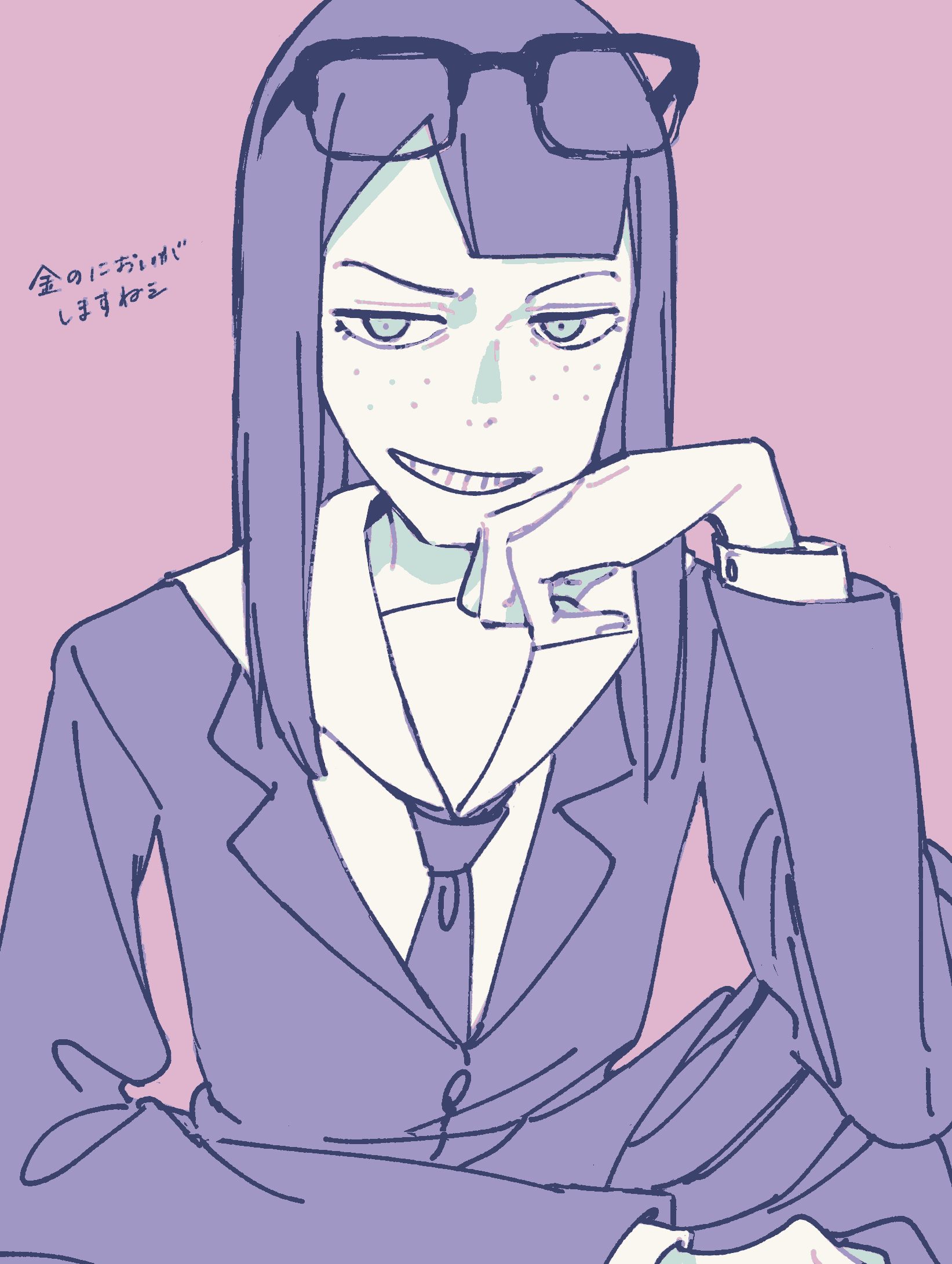 nanashi 74, kanamori sayaka, eizouken ni wa te wo dasu na!, commentary, highres, 1girl, asymmetrical bangs, eyewear on head, freckles, glasses, long hair, necktie, school uniform, semi-rimless eyewear, shibahama high school uniform, simple background, solo, teeth