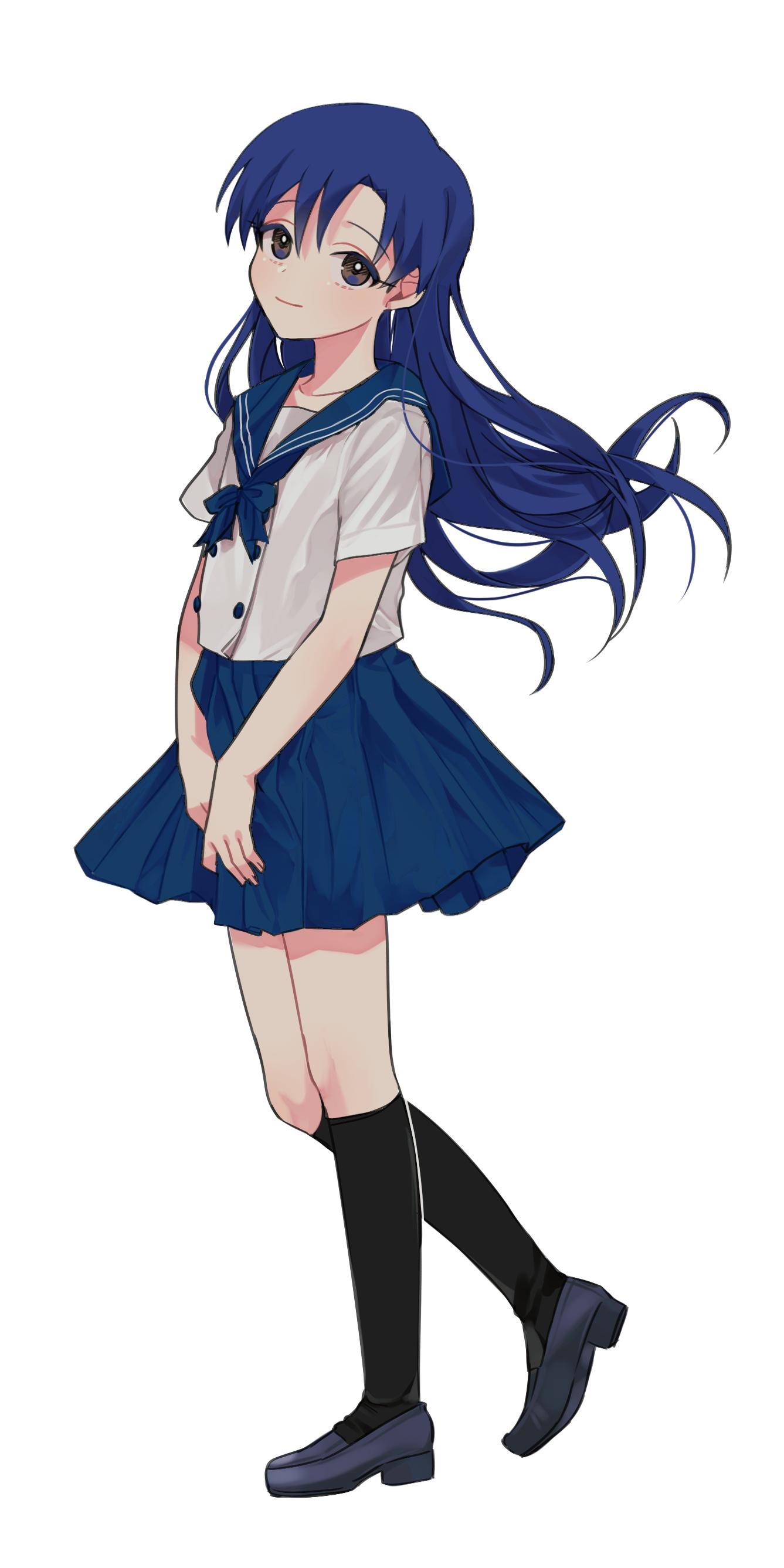 lunim (roo 0 0), kisaragi chihaya, idolmaster, idolmaster (classic), absurdres, highres, 1girl, black socks, blue bow, blue bowtie, blue hair, blue sailor collar, blue skirt, bow, bowtie, brown eyes, closed mouth, floating hair, full body, grey shoes, kneehighs, light smile, long hair, looking to the side, sailor collar, school uniform, serafuku, shirt, shoes, short sleeves, simple background, skirt, socks, solo, standing, white background, white shirt
