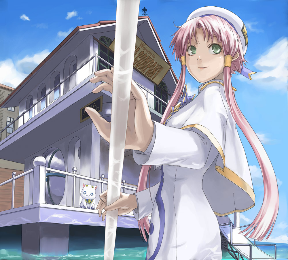 tea (nakenashi), aria pokoteng, mizunashi akari, aria (manga), 00s, 1girl, caustics, female focus, high collar, oar, short hair with long locks, smile, solo