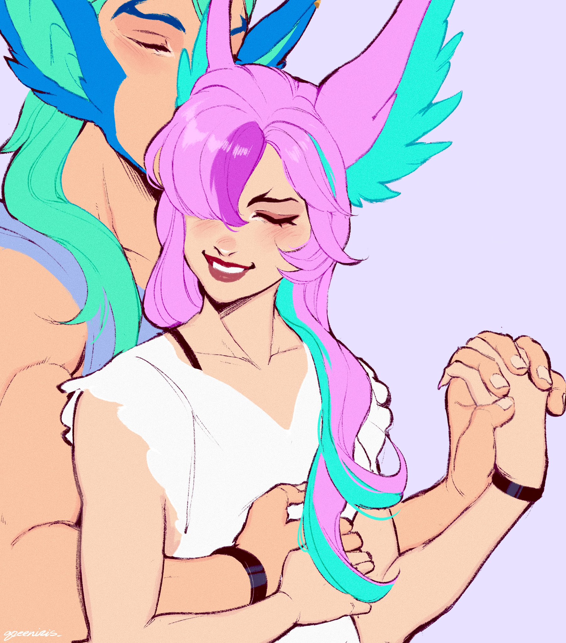 green (greeniris), rakan (league of legends), xayah, league of legends, highres, 1boy, 1girl, alternate costume, animal ears, aqua hair, aqua streaks, blue tank top, blush, bra strap, bracelet, closed eyes, collarbone, dress, grey background, hand on another's hand, height difference, hetero, holding hands, hug, hug from behind, jewelry, matching accessory, multicolored hair, muscular, muscular male, official alternate hair color, official alternate hairstyle, pink hair, red lips, redeemed star guardian rakan, redeemed star guardian xayah, simple background, smile, streaked hair, tank top, teeth, twitter username, upper body, white dress