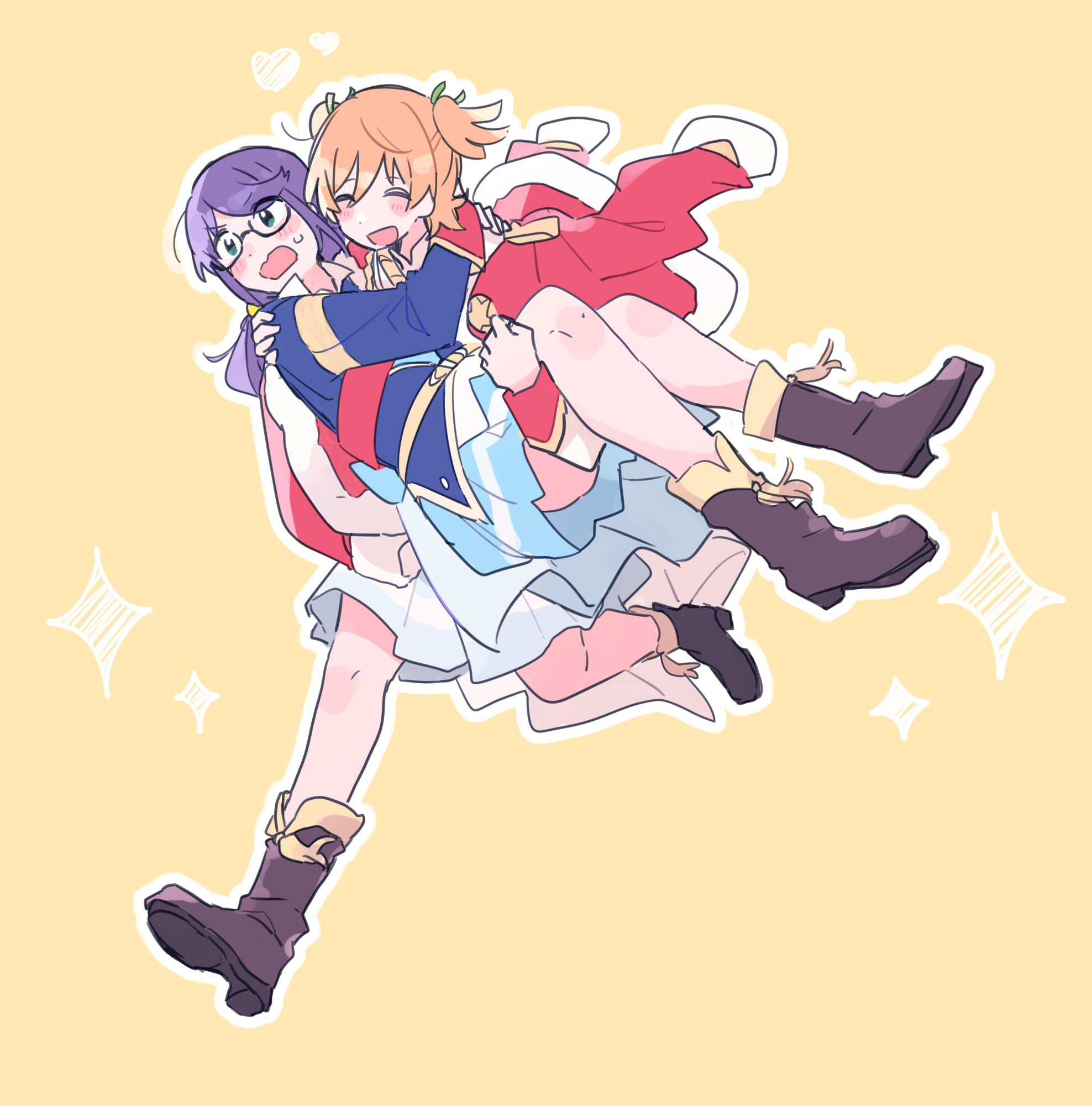 cetacea kw, daiba nana, hoshimi junna, shoujo kageki revue starlight, commentary request, highres, 2girls, :d, ^ ^, aiguillette, ankle boots, arms around neck, belt, belt buckle, black-framed eyewear, blonde hair, blue jacket, blue skirt, blush stickers, boots, brown boots, buckle, carrying, carrying person, closed eyes, closed mouth, dot nose, facing another, flipped bangs, full body, fur-trimmed jacket, fur trim, glasses, green eyes, green ribbon, hair between eyes, hair ribbon, hand on another's leg, hand on another's shoulder, hands up, heart, jacket, jacket on shoulders, long hair, looking to the side, miniskirt, multiple girls, open mouth, outline, parted bangs, pleated skirt, ponytail, princess carry, purple hair, red jacket, red sash, red sleeve cuffs, ribbon, running, sash, short hair, single horizontal stripe, skirt, smile, sparkle, sweatdrop, tassel, two side up, waist cape, wavy mouth, white jacket, white outline, white skirt, yellow background, yellow belt, yuri