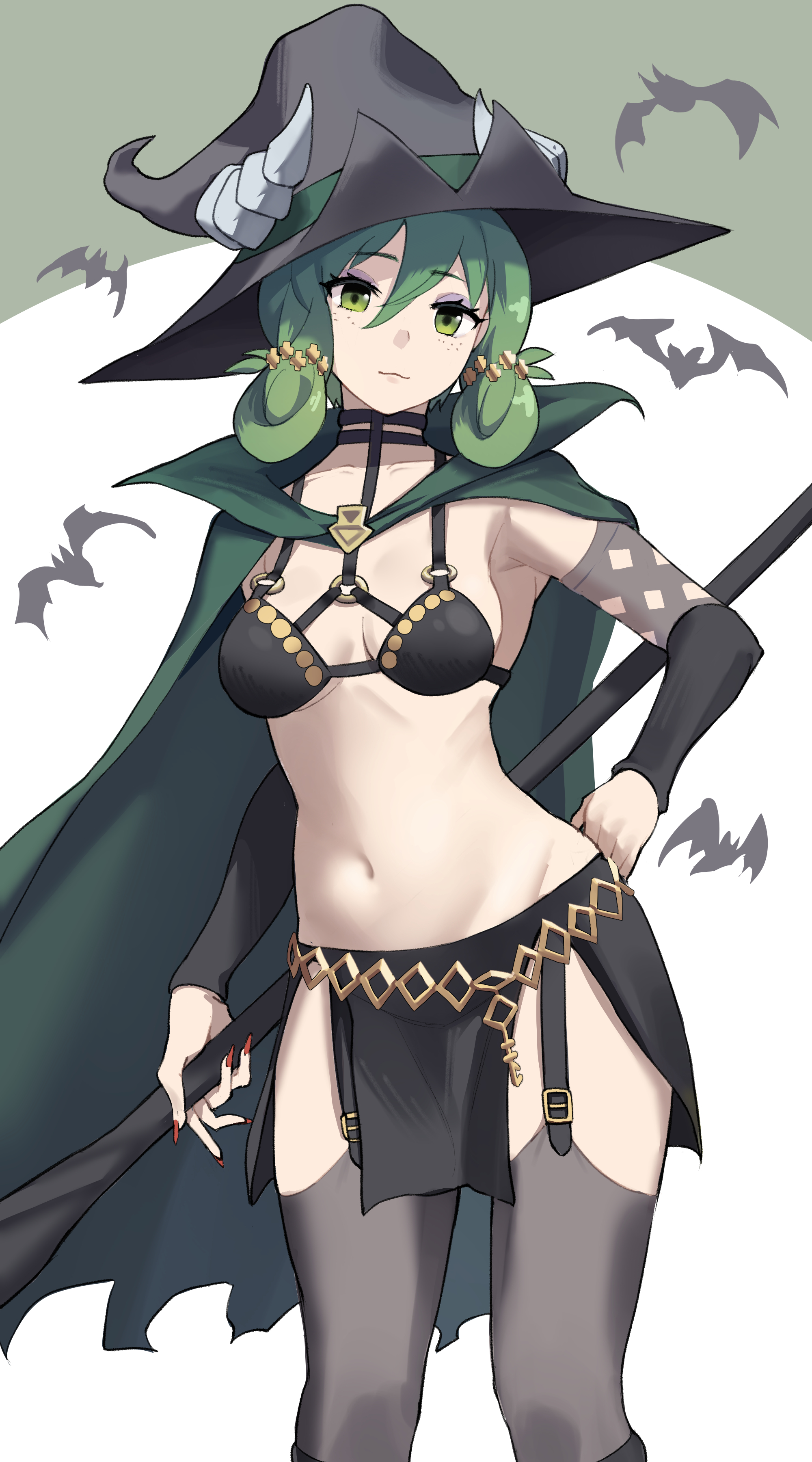 medaman, yahna (unicorn overlord), unicorn overlord, absurdres, commentary request, highres, 1girl, bikini, bikini top only, black bikini, black hat, breasts, cape, cleavage, closed mouth, freckles, green cape, green eyes, green hair, hair between eyes, hand on own hip, hat, holding, holding staff, looking at viewer, medium breasts, navel, pelvic curtain, short hair, solo, staff, stomach, swimsuit, witch hat