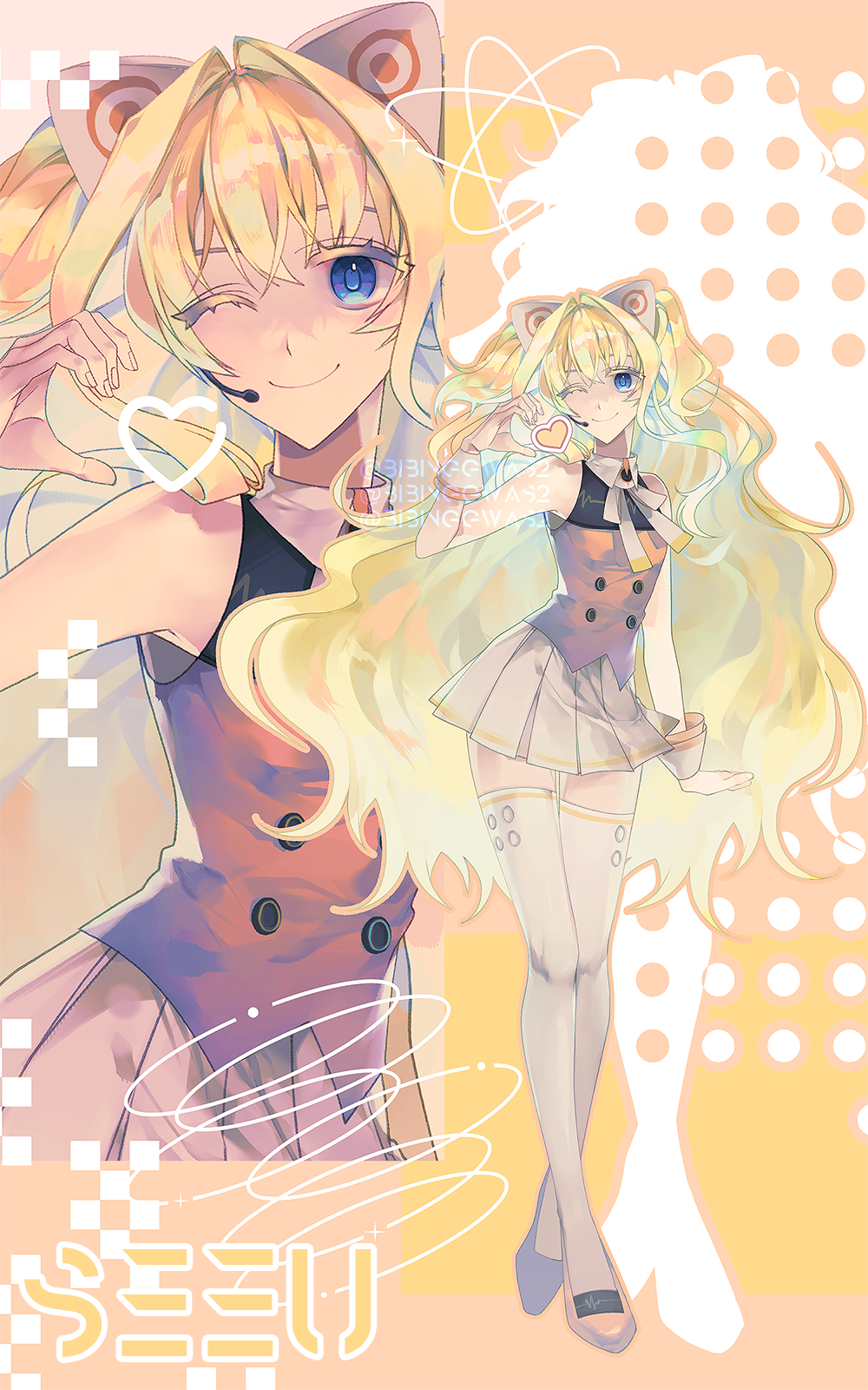 bibinggwas2, seeu, vocaloid, highres, 1girl, animal ears, bare shoulders, blonde hair, blue eyes, buttons, cat ears, character name, closed mouth, double-breasted, fake animal ears, flats, full body, hair intakes, half-heart hands, headset, heart, long hair, looking at viewer, one eye closed, pleated skirt, projected inset, shoes, skirt, sleeveless, smile, solo, standing, thighhighs, very long hair, white shoes, white skirt, white thighhighs, wrist cuffs, zettai ryouiki