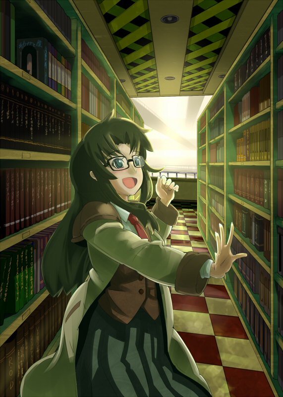 harepore, yomiko readman, read or die, bad id, bad pixiv id, 00s, 1girl, book, female focus, glasses, happy, indoors, library, long hair, smile, solo