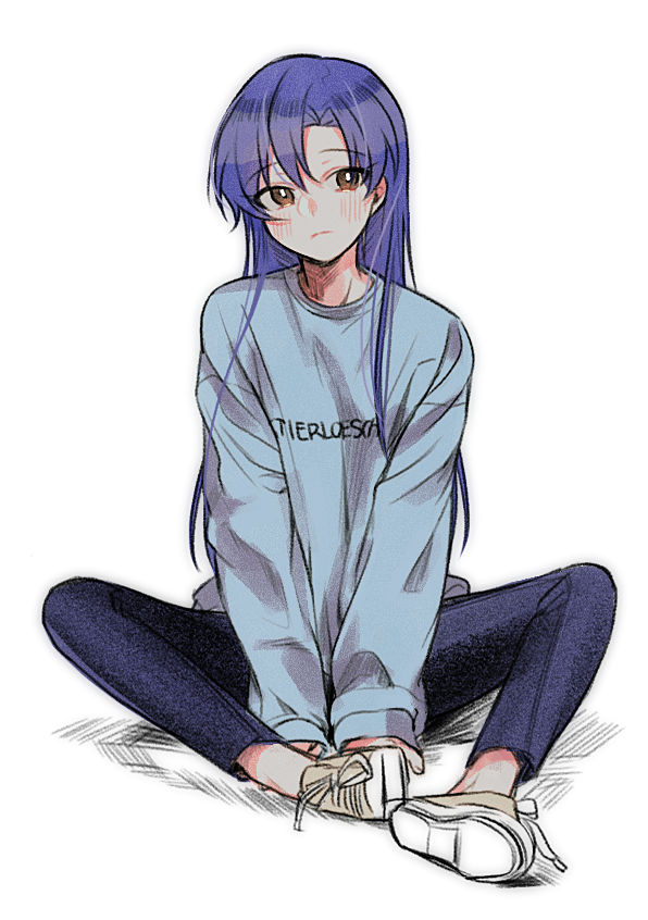 lunim (roo 0 0), kisaragi chihaya, idolmaster, idolmaster (classic), 1girl, blue hair, blue shirt, brown eyes, closed mouth, facing viewer, full body, long hair, long sleeves, looking to the side, pants, shirt, shoes, simple background, sitting, sleeves past wrists, solo, white background