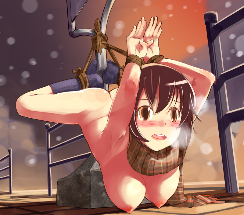 harepore, original, bad id, bad pixiv id, 1girl, arched back, ass, bdsm, blush, bondage, bound, breasts, breath, brown eyes, brown hair, bus stop, cold, exhibitionism, feet, female focus, hanging breasts, humiliation, large breasts, naked scarf, nipples, nude, outdoors, plaid clothes, plaid scarf, public indecency, rope, scarf, shibari, snow, socks, solo, steam, suspension
