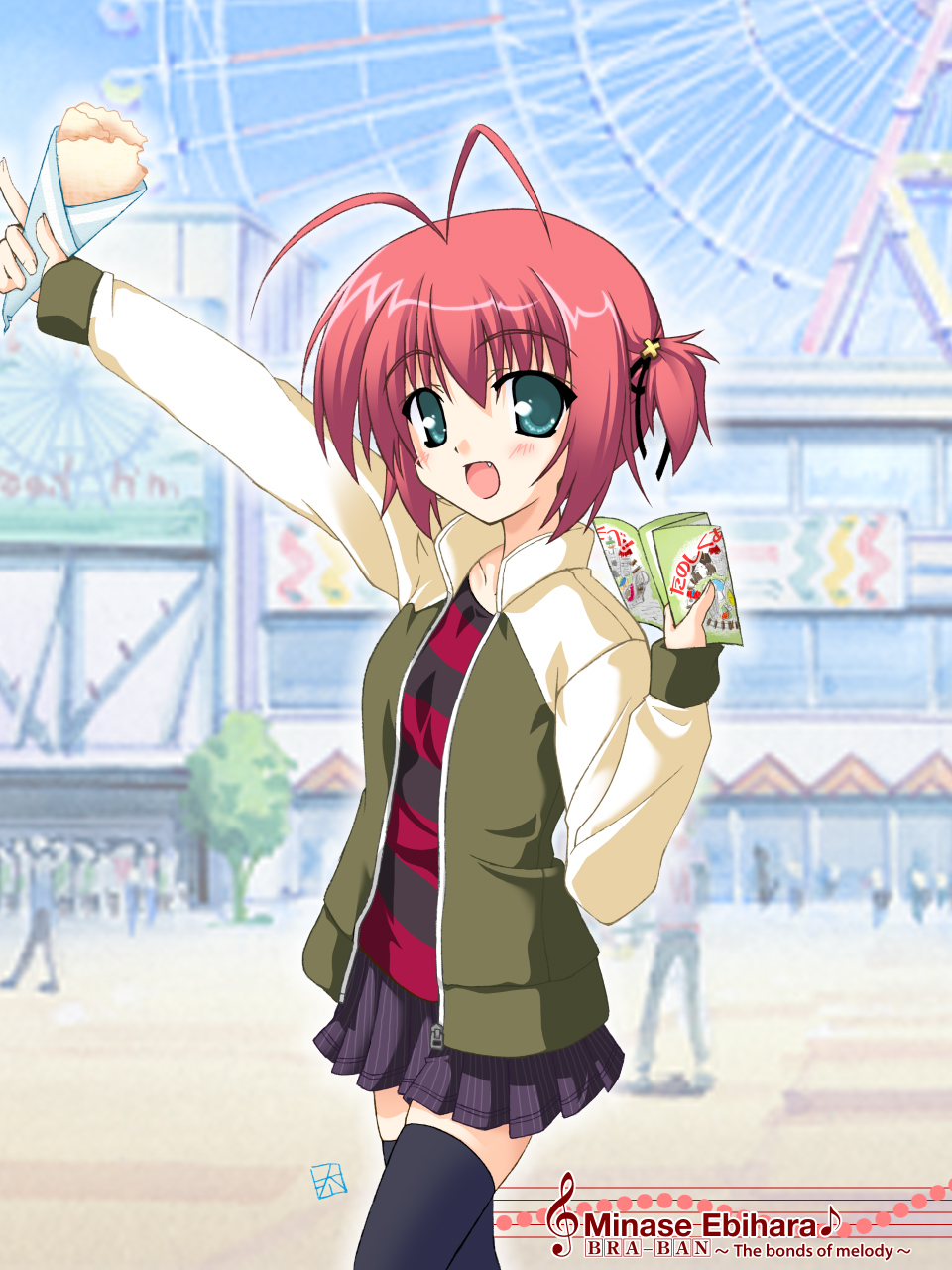 kobuichi, muririn, ebihara minase, bra-ban!, highres, 1girl, antenna hair, black thighhighs, blue eyes, blush, casual, character name, copyright name, crepe, fang, female focus, ferris wheel, food, jacket, open mouth, pointing, red hair, short hair, short twintails, skirt, solo, thighhighs, twintails, zettai ryouiki