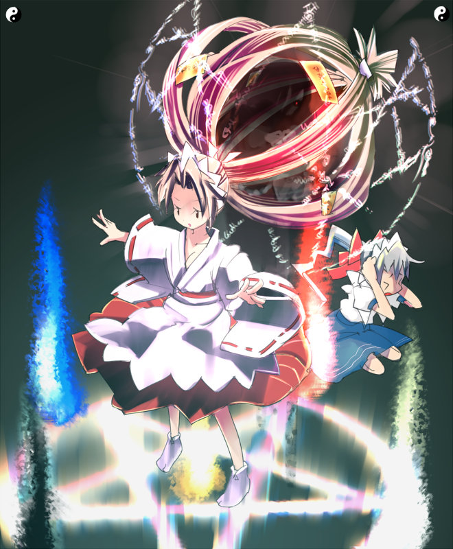 harepore, bad id, bad pixiv id, > <, 1girl, closed eyes, female focus, hakama, hakama skirt, japanese clothes, magic, magic circle, maid, miko, pentagram, red hakama, school uniform, serafuku, skirt, solo