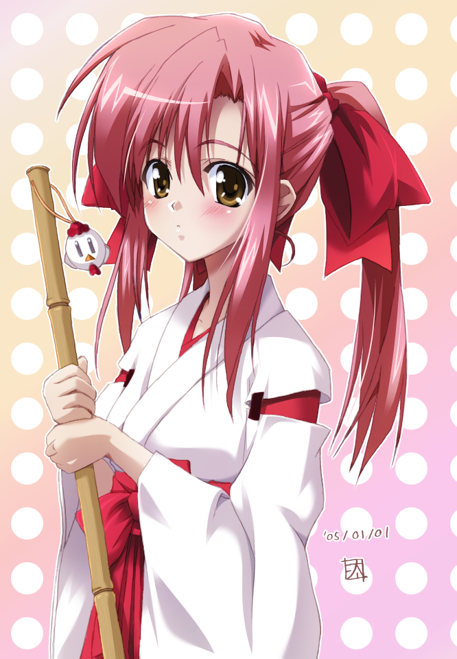 1girl, bamboo broom, broom, brown eyes, female focus, hakama, hakama skirt, japanese clothes, miko, ponytail, red hair, red hakama, skirt, solo, twintails