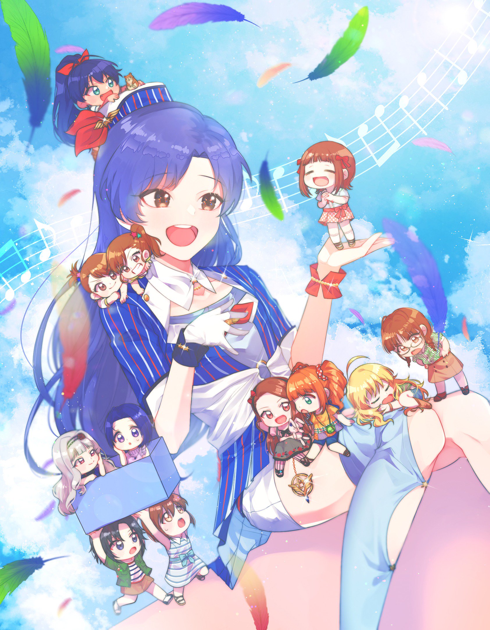 lunim (roo 0 0), akizuki ritsuko, amami haruka, futami ami, futami mami, ganaha hibiki, hagiwara yukiho, hamuzou, hoshii miki, kikuchi makoto, kisaragi chihaya, minase iori, miura azusa, shijou takane, takatsuki yayoi, idolmaster, idolmaster (classic), idolmaster million live!, idolmaster million live! theater days, highres, textless version, 6+girls, blue hair, blue sky, brown eyes, chibi, falling feathers, feathers, glint, hat, long hair, multiple girls, open mouth, outdoors, pinstripe pattern, sitting, sky, smile, teeth, upper teeth only